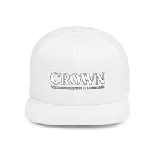Load image into Gallery viewer, Crown Transportation & Logistics Flat Bill Snapback Hat — White Embroidered Logo Cap