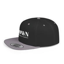 Load image into Gallery viewer, Crown Transportation &amp; Logistics Flat Bill Snapback Hat — White Embroidered Logo Cap
